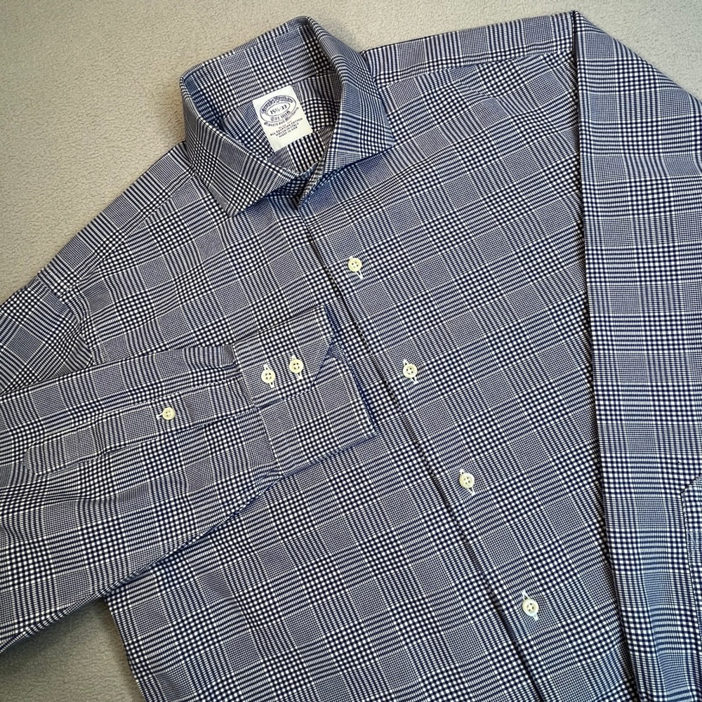 Brooks Brothers Slim Egyptian Cotton Glen Plaid Dress Shirt 15.5 33 Navy White